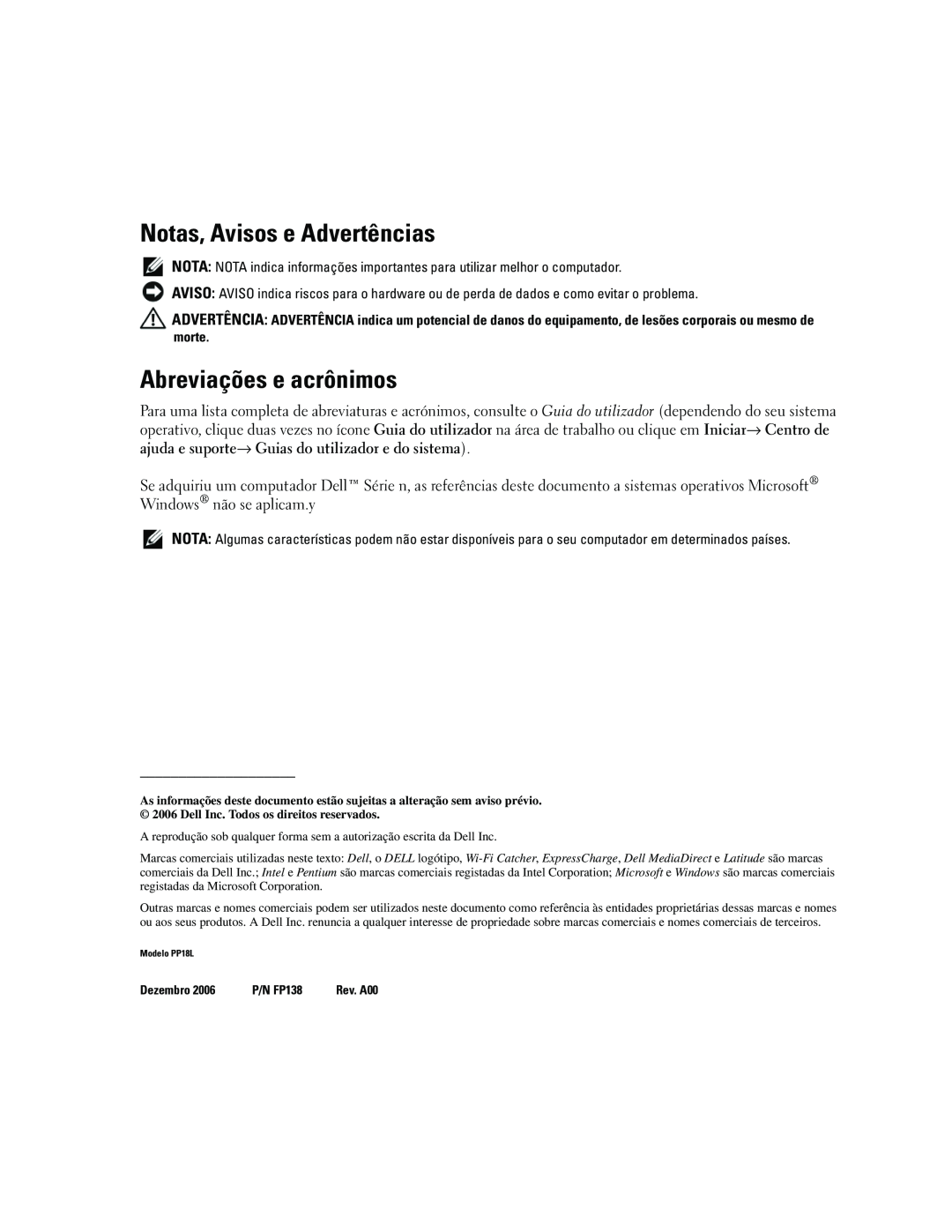 Dell ATG D620 manual Notas, Avisos e Advertências, Abreviações e acrônimos 