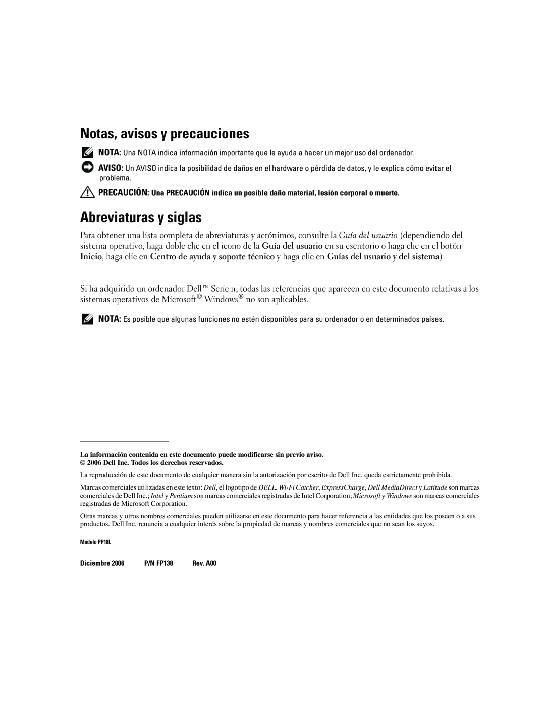 Dell ATG D620 manual Notas, avisos y precauciones, Abreviaturas y siglas 