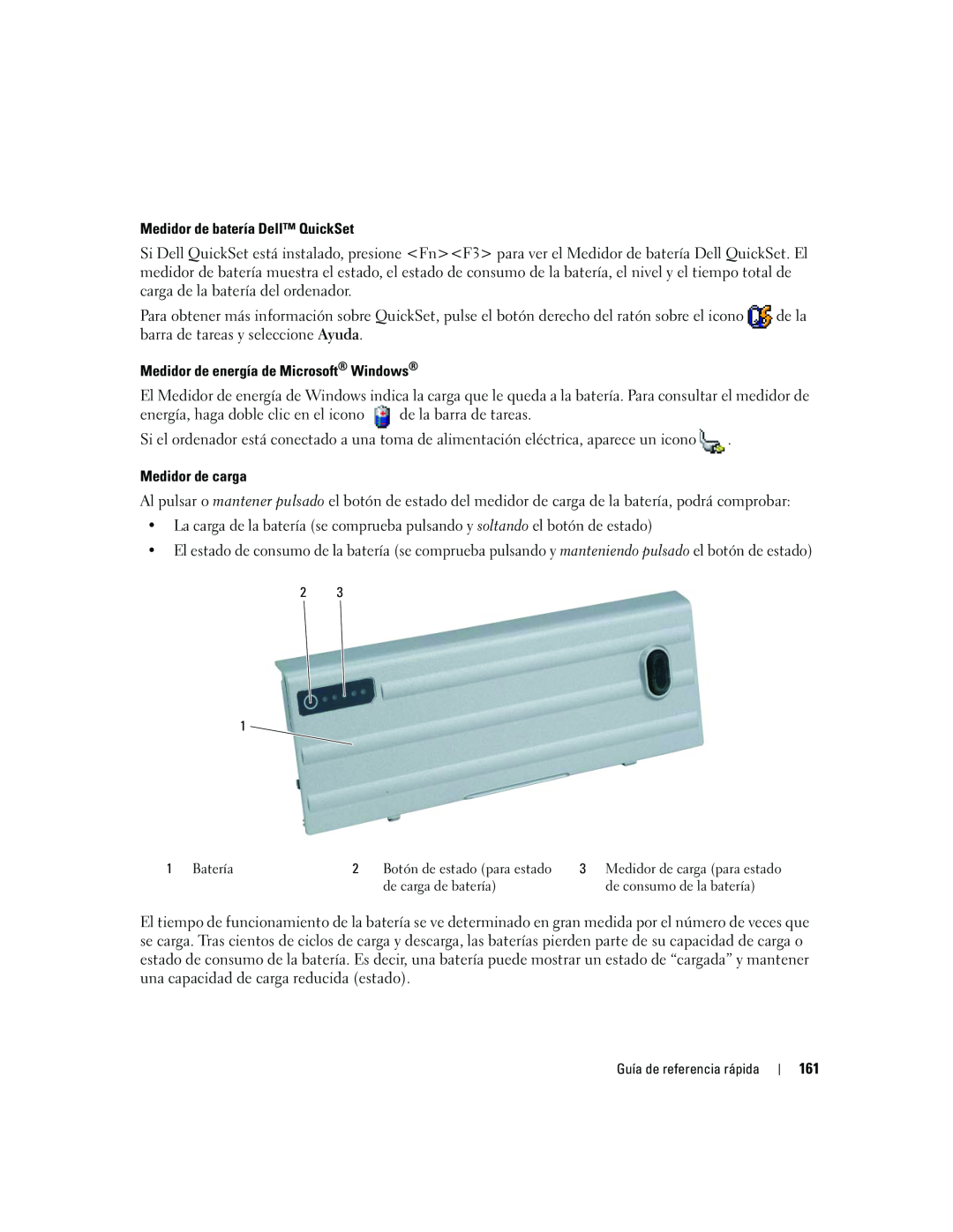 Dell ATG D620 manual Medidor de batería Dell QuickSet, Medidor de energía de Microsoft Windows, Medidor de carga 
