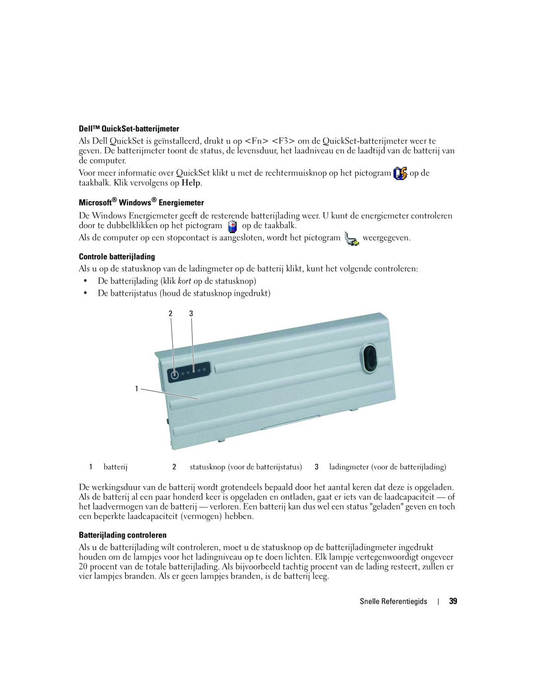 Dell ATG D620 manual Dell QuickSet-batterijmeter, Microsoft Windows Energiemeter, Controle batterijlading 