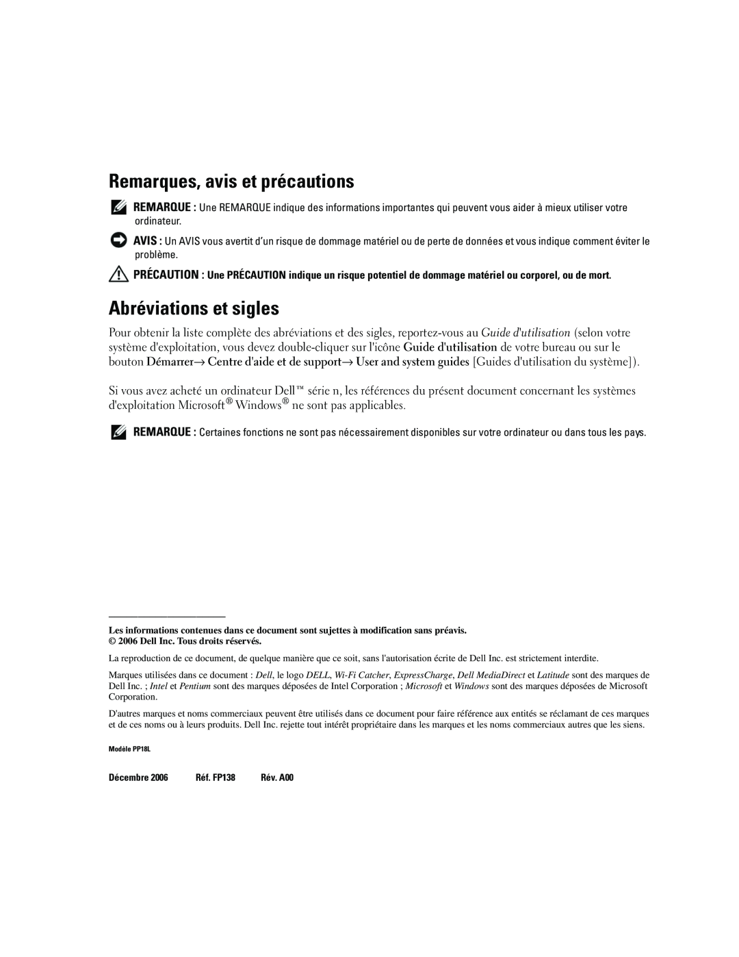 Dell ATG D620 manual Remarques, avis et précautions, Abréviations et sigles, Décembre, Réf. FP138 