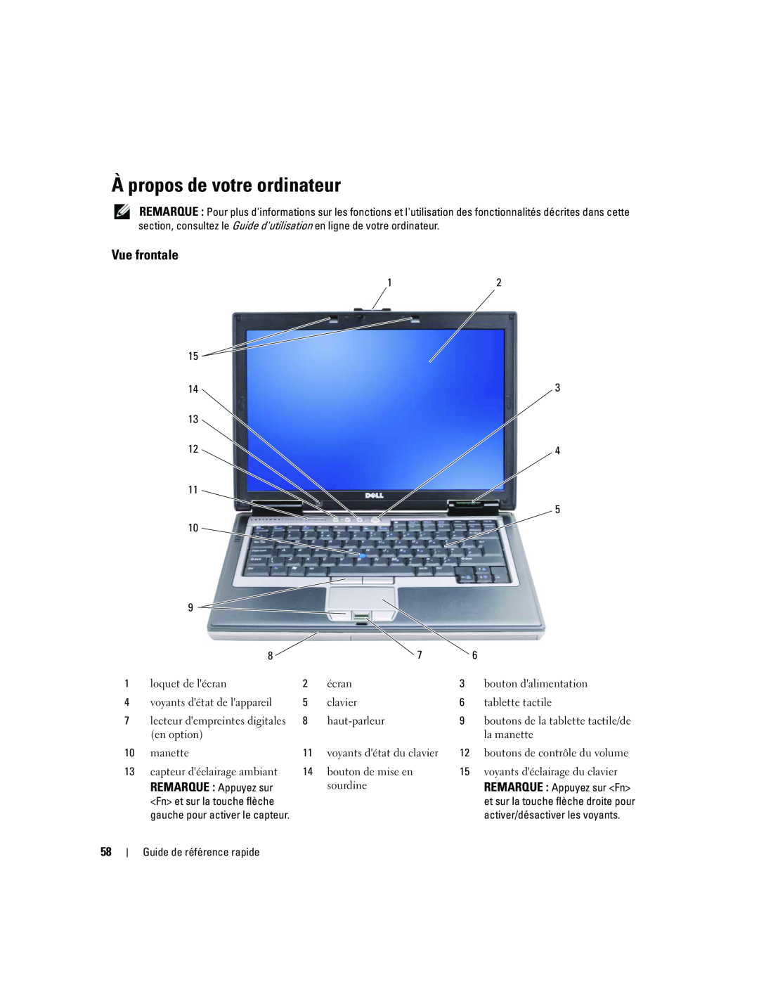 Dell ATG D620 manual À propos de votre ordinateur, Vue frontale, REMARQUE Appuyez sur 