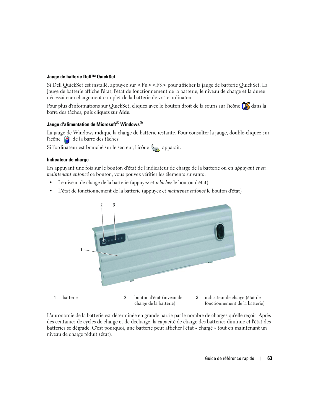 Dell ATG D620 manual Jauge de batterie Dell QuickSet, Jauge dalimentation de Microsoft Windows, Indicateur de charge 