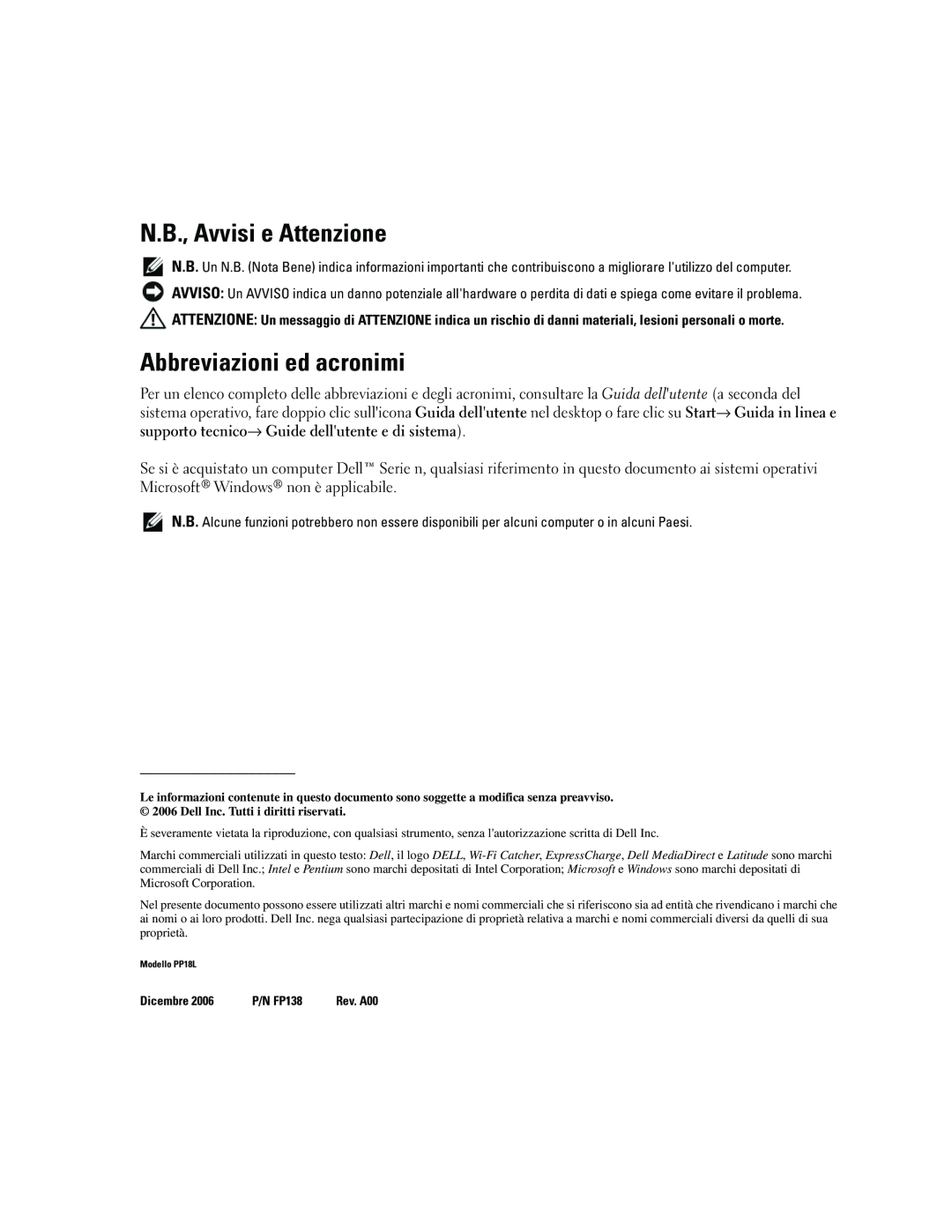 Dell ATG D620 manual N.B., Avvisi e Attenzione, Abbreviazioni ed acronimi 