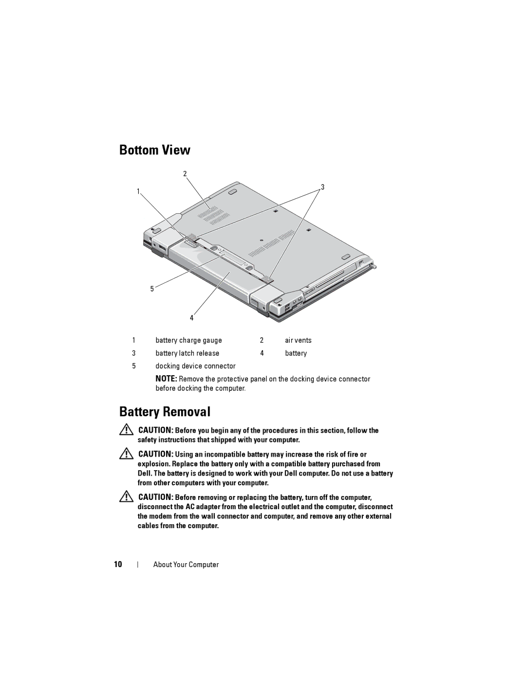 Dell NU229, ATG E6400, PP27L specifications Bottom View, Battery Removal 