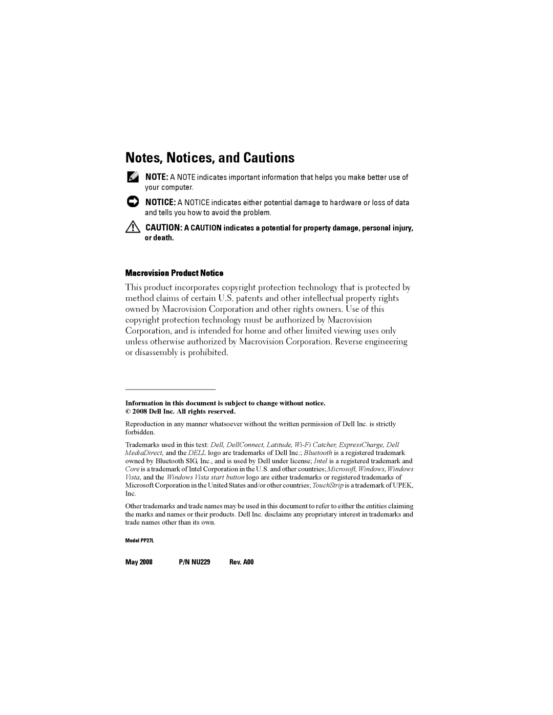 Dell PP27L, ATG E6400, NU229 specifications Macrovision Product Notice 