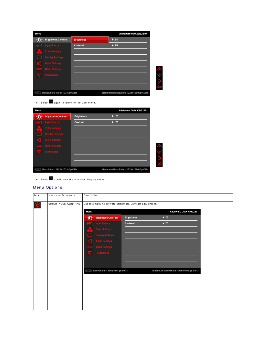 Dell AW2210T appendix Menu Options, Icon Menu and Submenus Description, Brightness/Contrast 