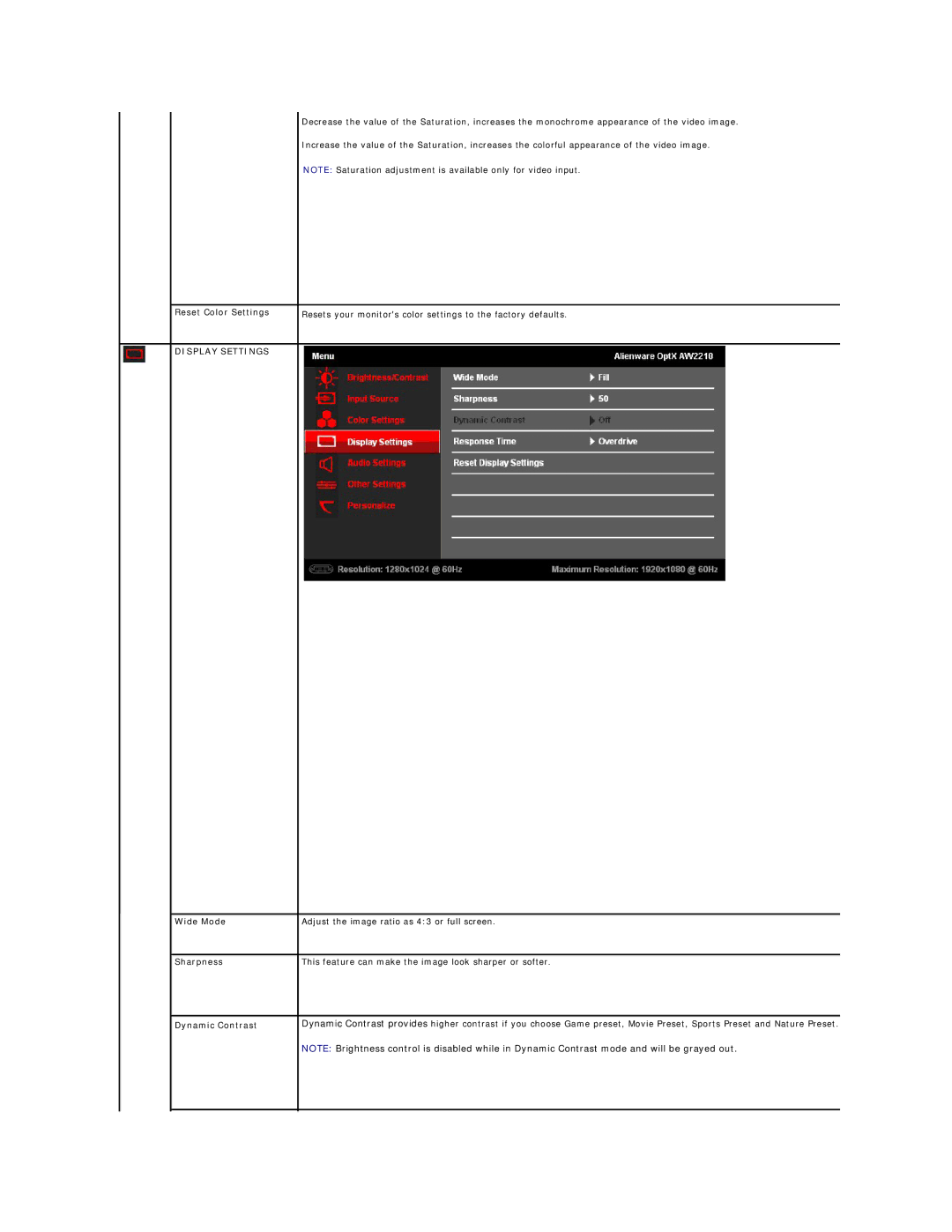 Dell AW2210T appendix Reset Color Settings, Display Settings 