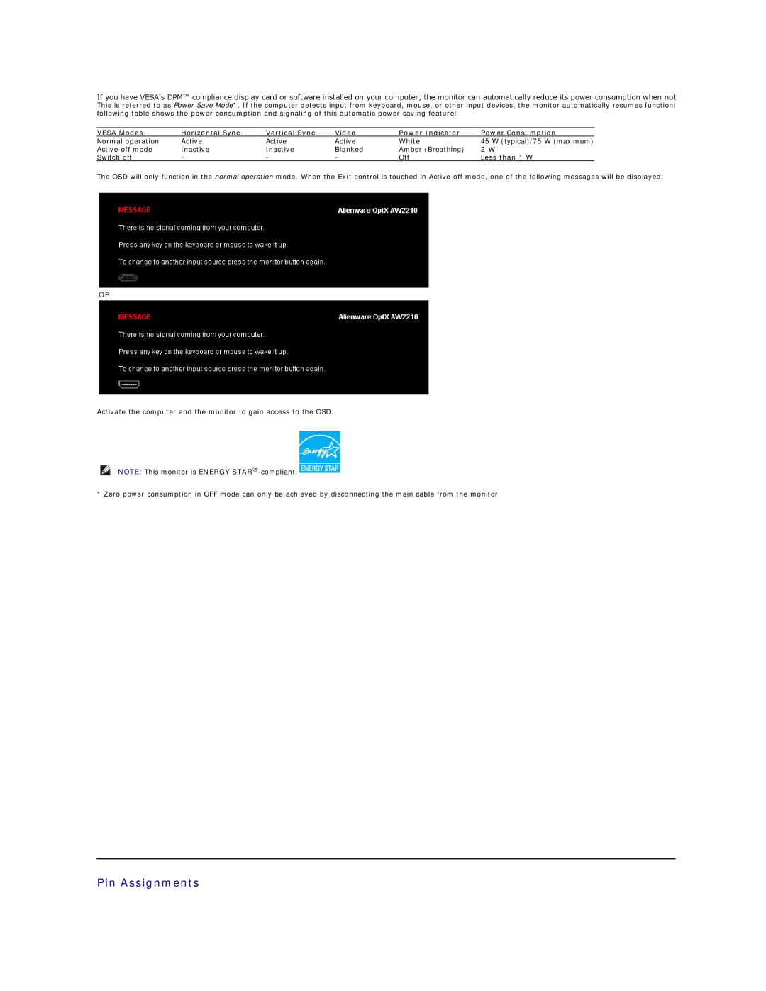 Dell AW2210T appendix Pin Assignments 