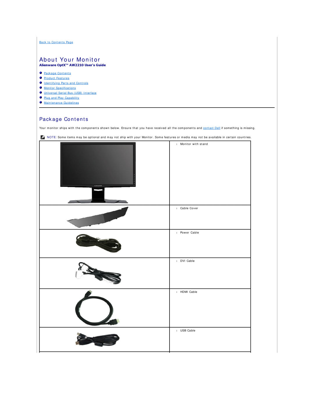 Dell AW2210T appendix About Your Monitor, Package Contents, Alienware OptX AW2210 Users Guide, Back to Contents Page 