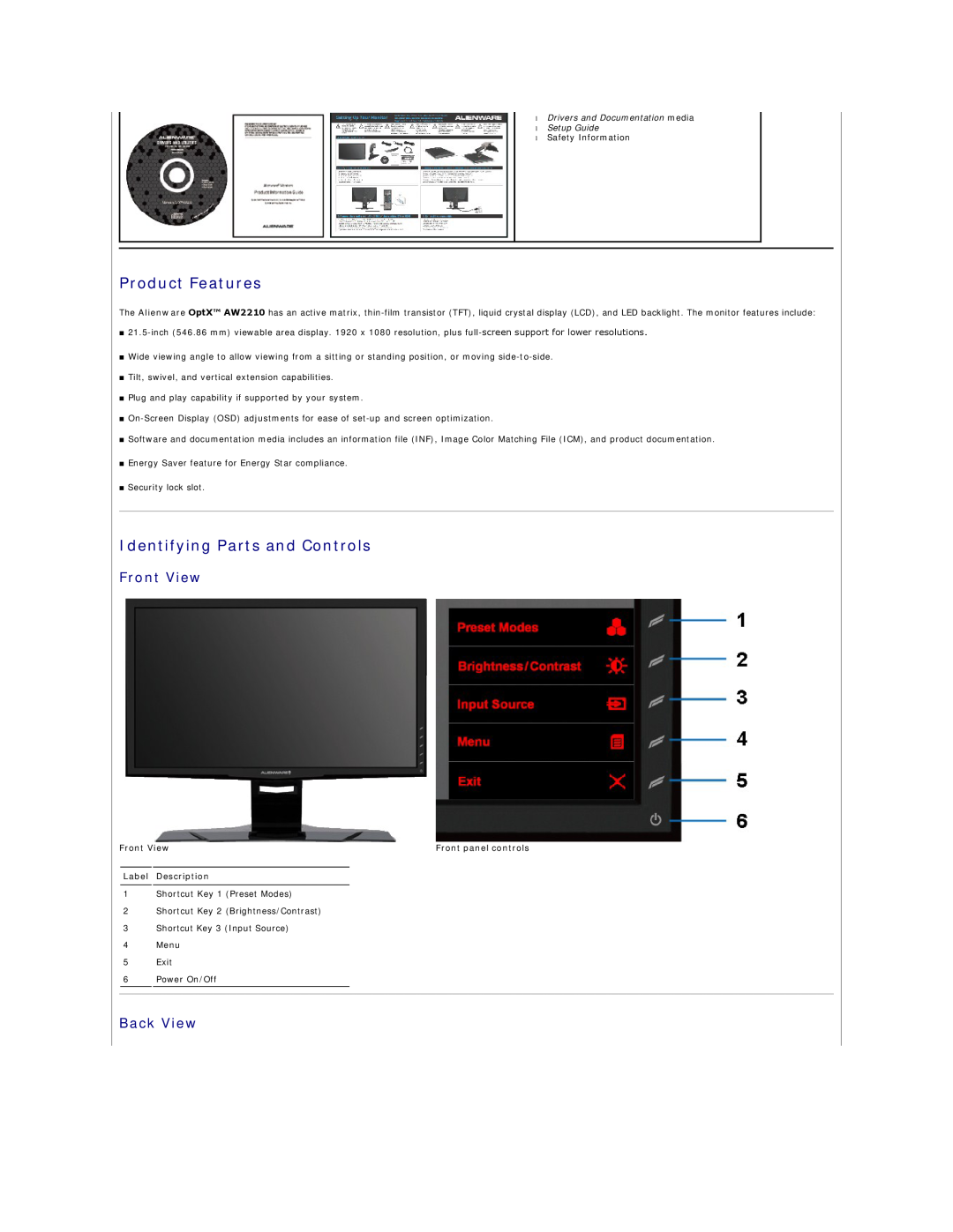 Dell AW2210T appendix Product Features, Identifying Parts and Controls, Front View, Back View 