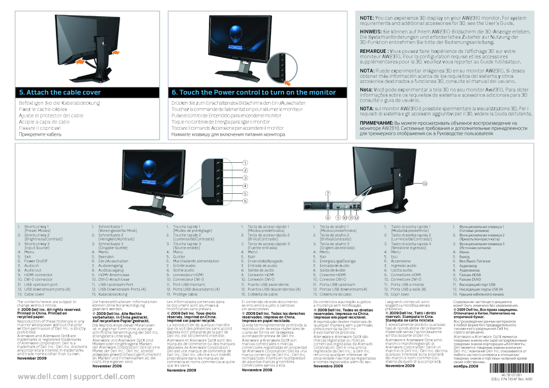 Dell AW2310, T854P manual Attach the cable cover, Touch the Power control to turn on the monitor 