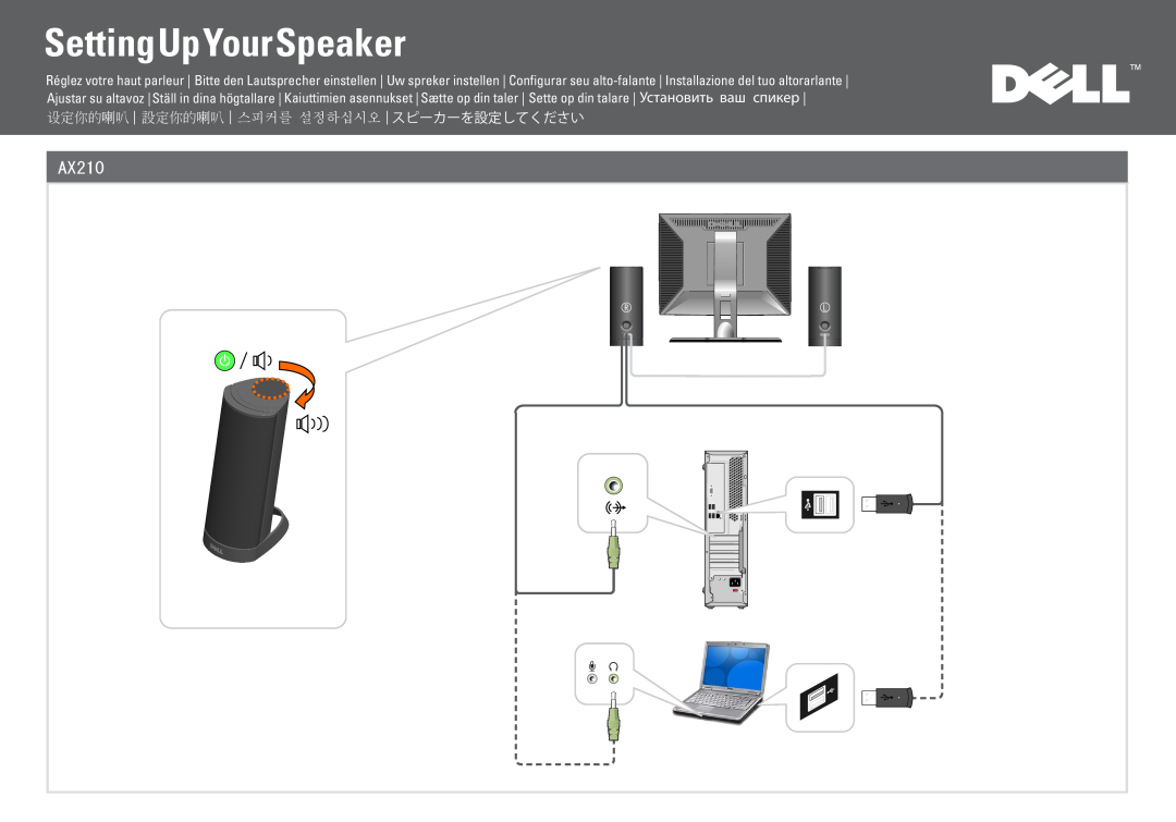 Dell AX210 manual SettingUpYourSpeaker, 设定你的喇叭 設定你的喇叭 스피커를 설정하십시오 スピーカーを設定してください 