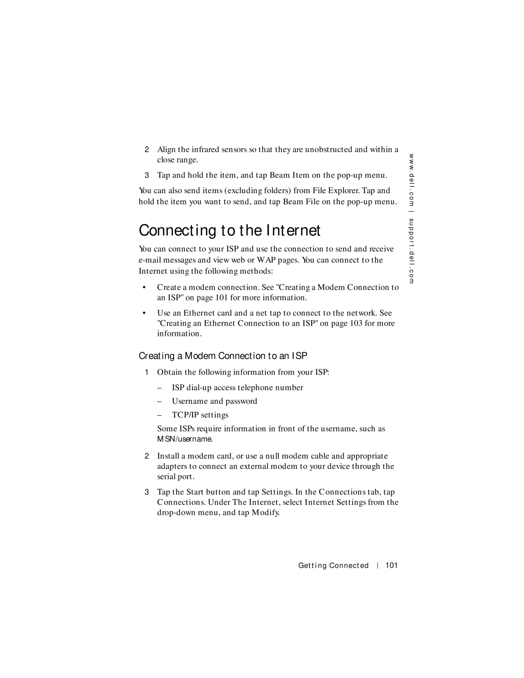 Dell Axim X5 manual Connecting to the Internet, Creating a Modem Connection to an ISP 