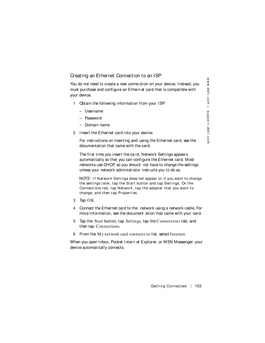 Dell Axim X5 manual Creating an Ethernet Connection to an ISP, 103 