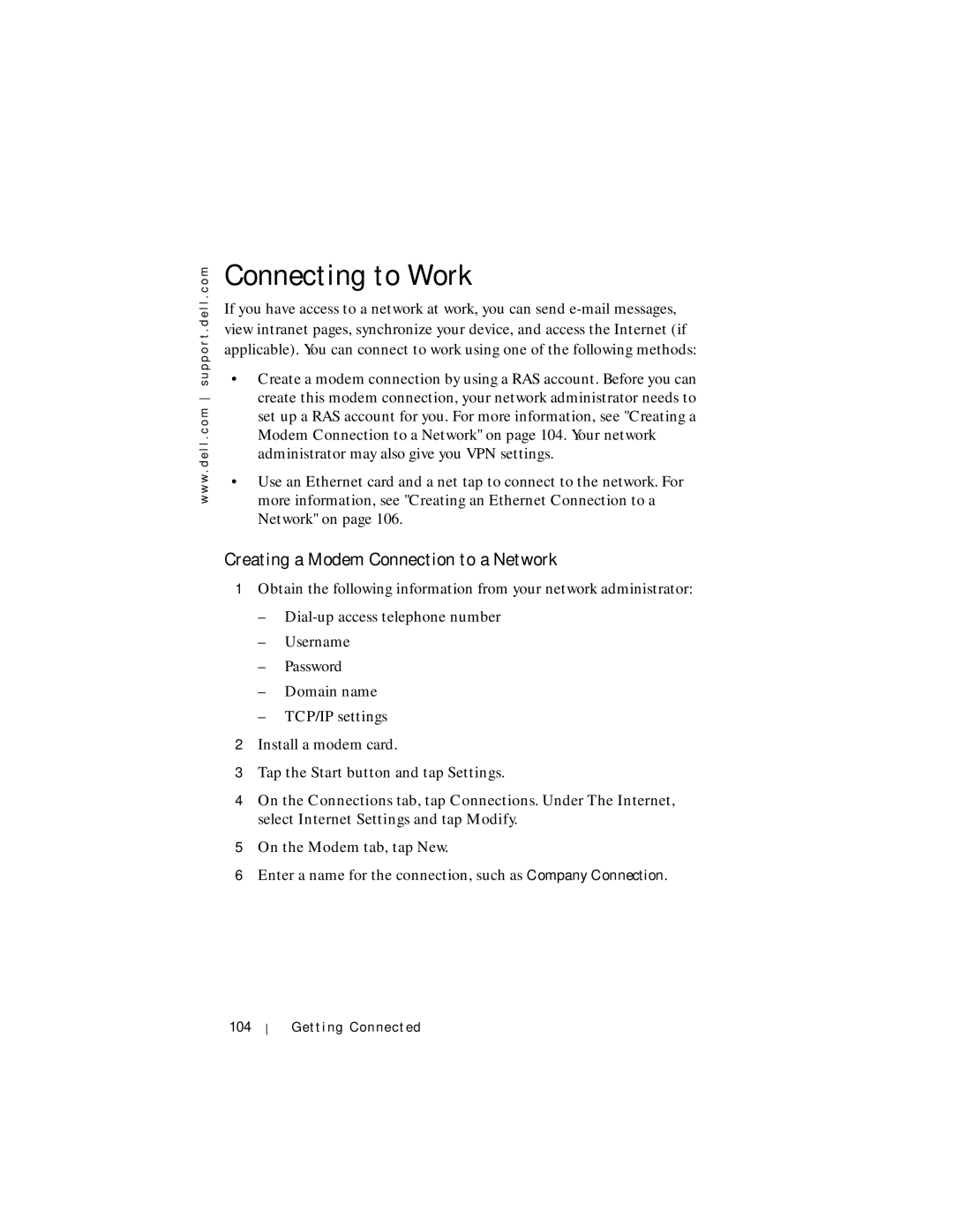 Dell Axim X5 manual Connecting to Work, Creating a Modem Connection to a Network 