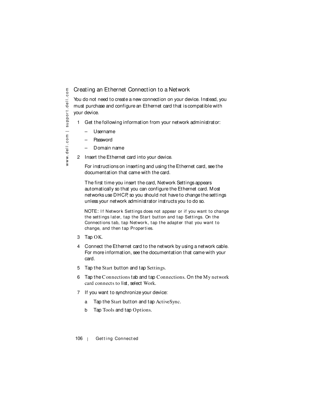 Dell Axim X5 manual Creating an Ethernet Connection to a Network, 106 