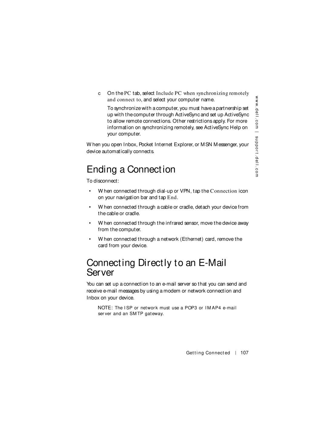 Dell Axim X5 manual Ending a Connection, Connecting Directly to an E-Mail Server 