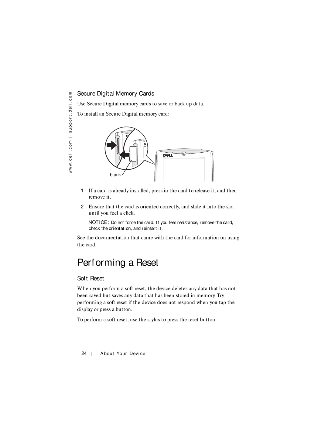 Dell Axim X5 manual Performing a Reset, Secure Digital Memory Cards, Soft Reset 