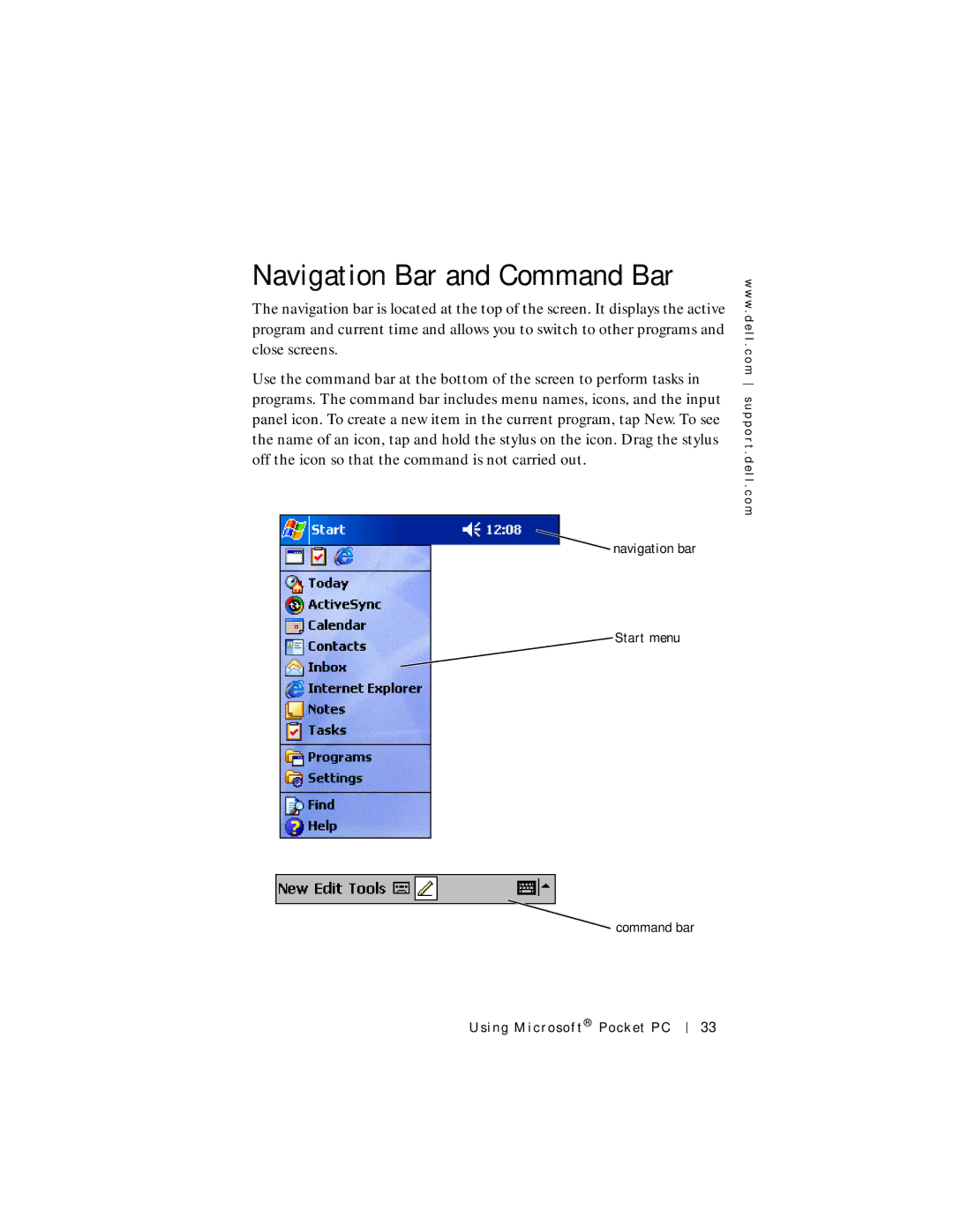 Dell Axim X5 manual Navigation Bar and Command Bar, Start menu 