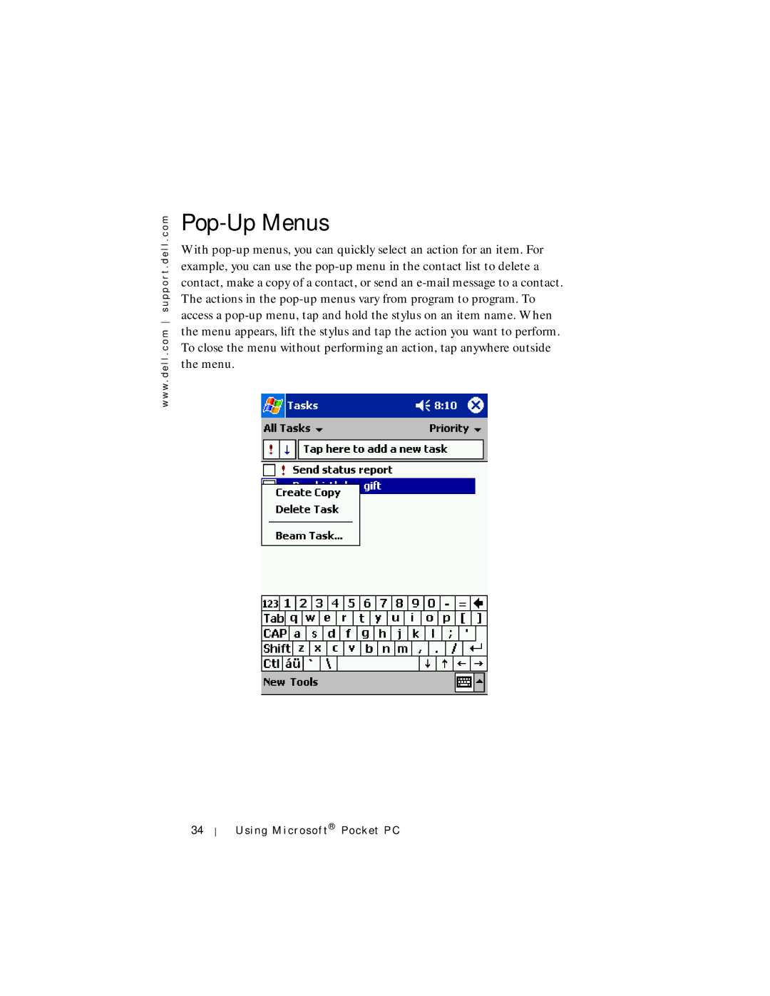 Dell Axim X5 manual Pop-Up Menus 