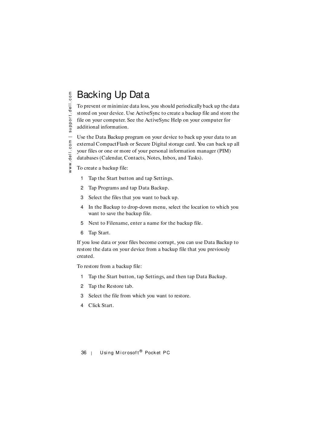 Dell Axim X5 manual Backing Up Data, Tap Programs and tap Data Backup 
