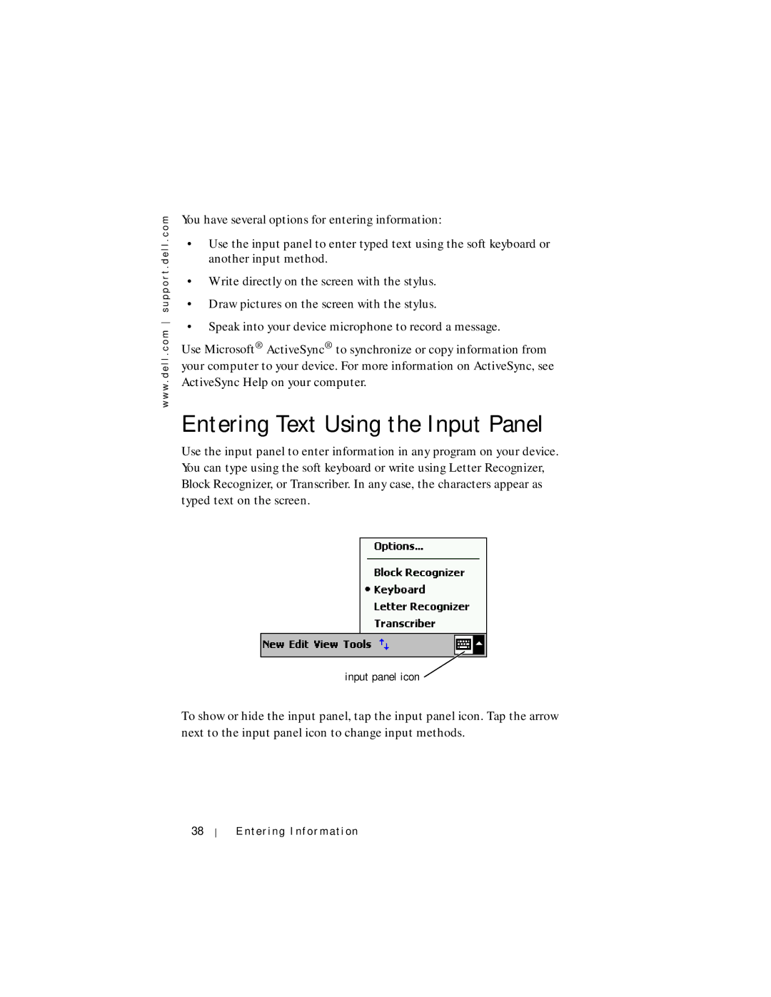 Dell Axim X5 manual Entering Text Using the Input Panel 
