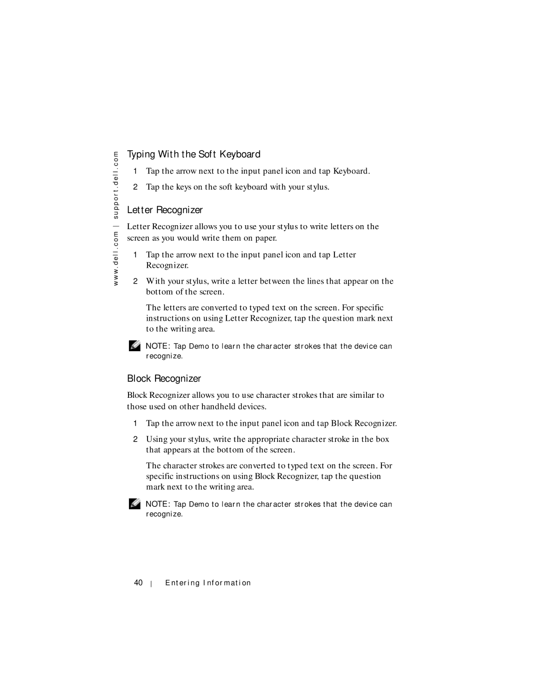 Dell Axim X5 manual Typing With the Soft Keyboard, Letter Recognizer, Block Recognizer 