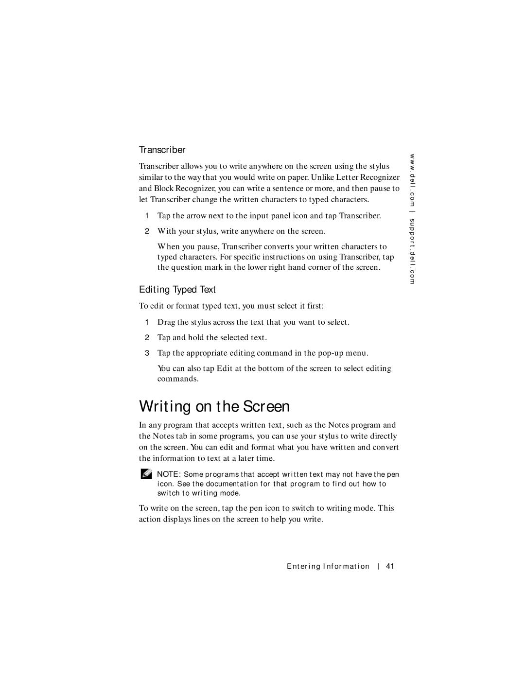 Dell Axim X5 manual Writing on the Screen, Transcriber, Editing Typed Text 