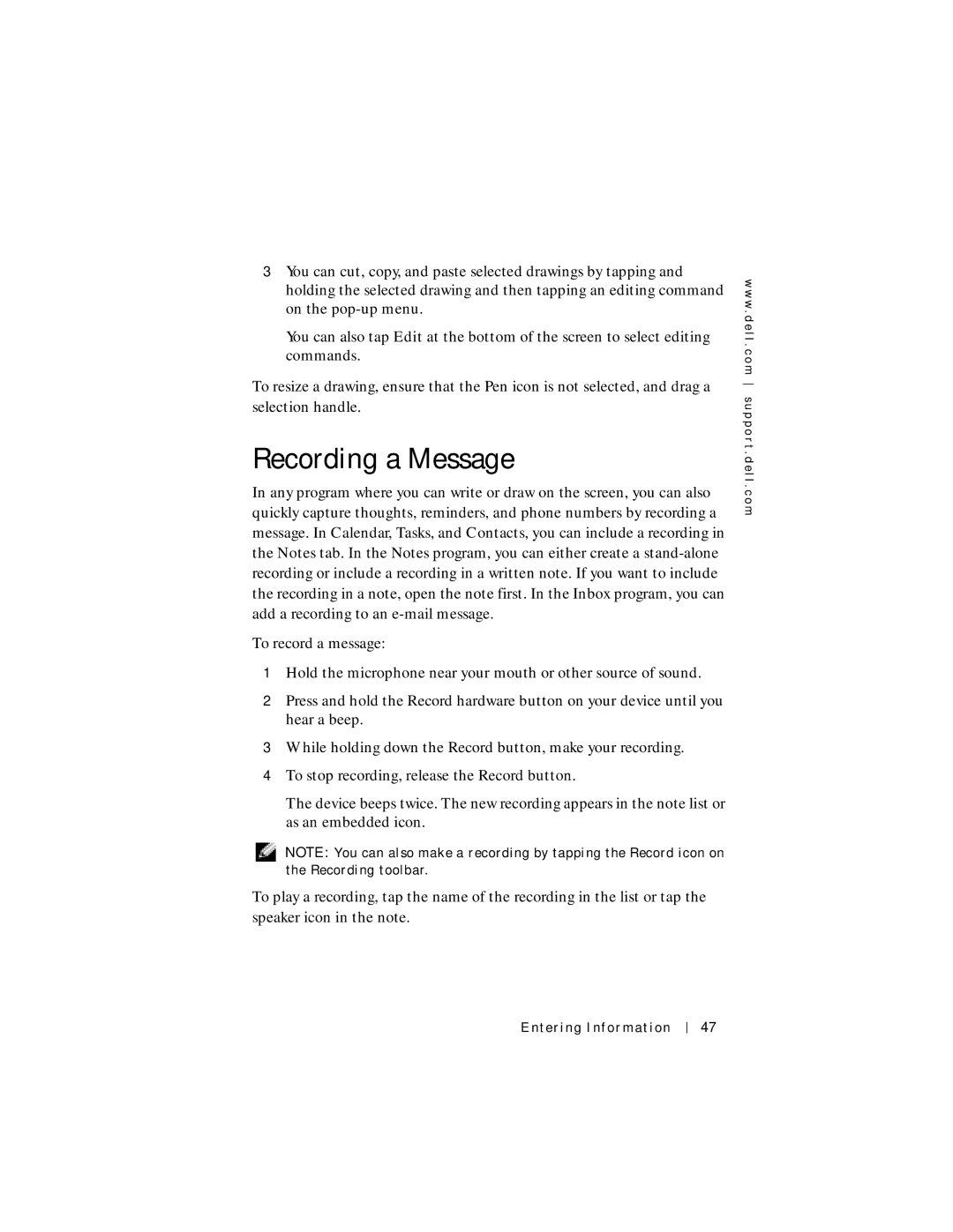 Dell Axim X5 manual Recording a Message 