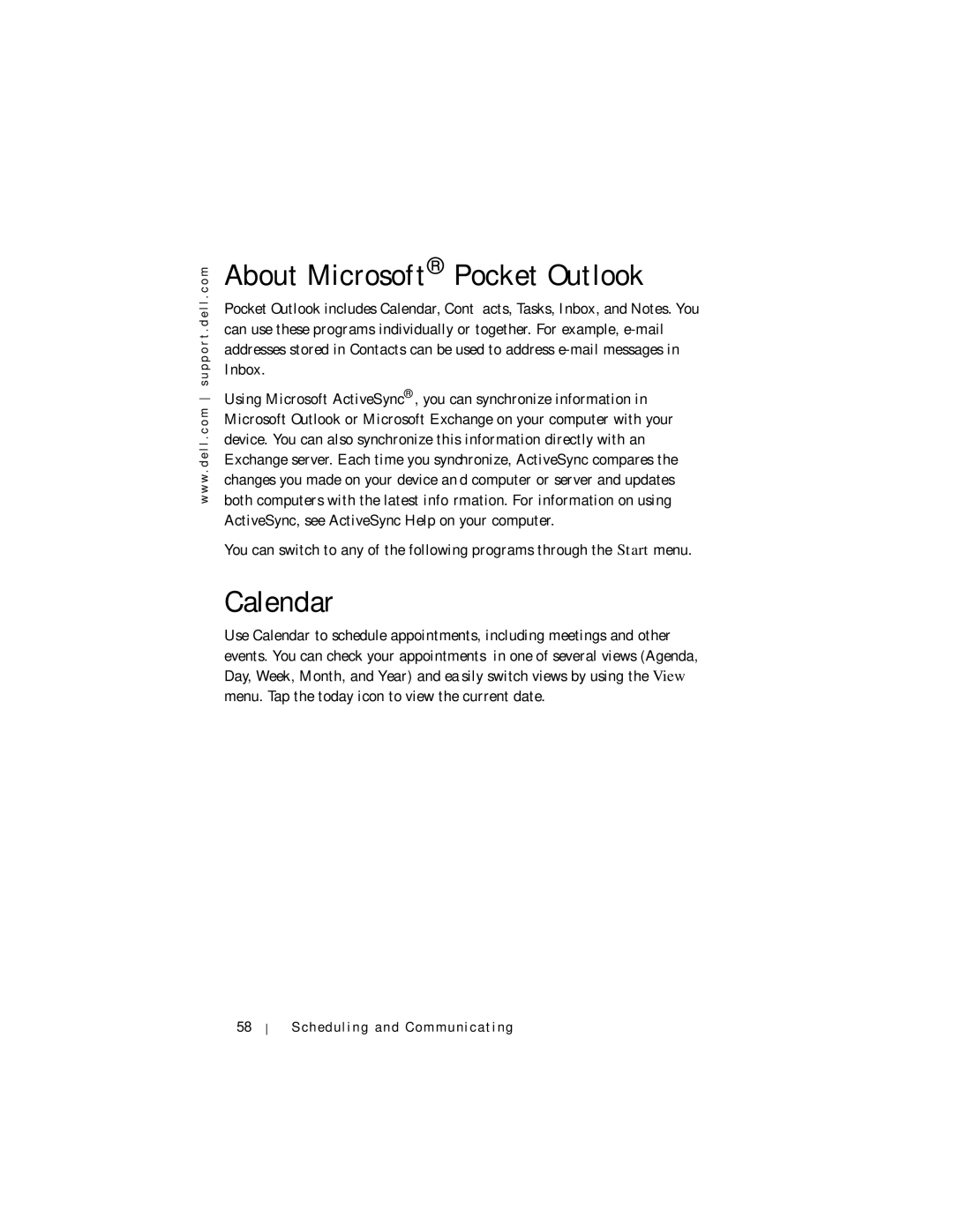 Dell Axim X5 manual About Microsoft Pocket Outlook, Calendar 