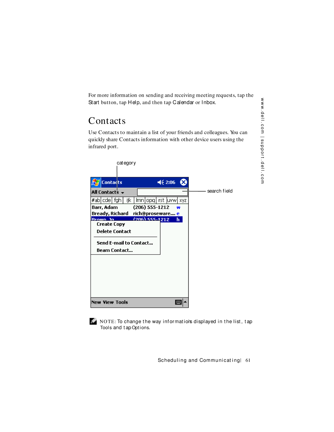 Dell Axim X5 manual Contacts 