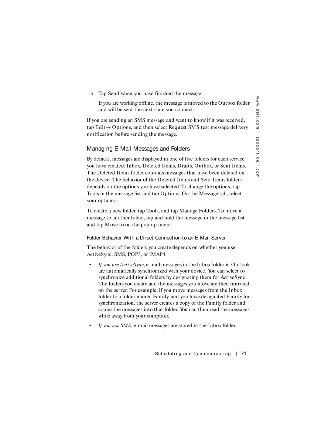 Dell Axim X5 manual Managing E-Mail Messages and Folders, Folder Behavior With a Direct Connection to an E-Mail Server 