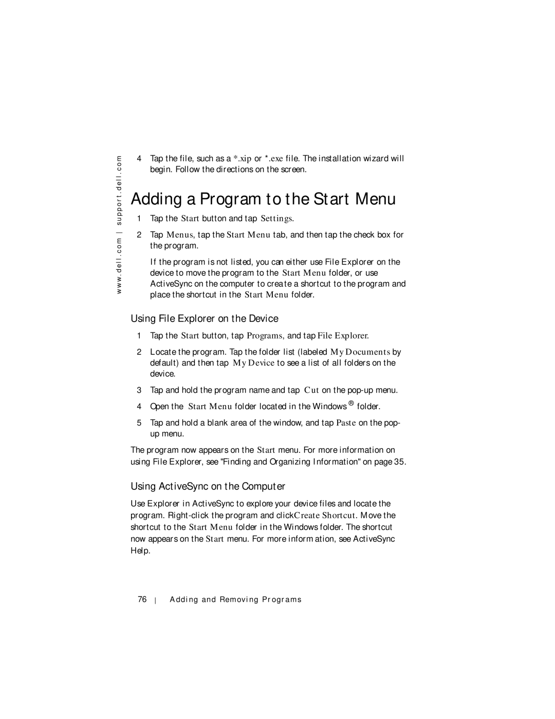 Dell Axim X5 manual Adding a Program to the Start Menu, Using File Explorer on the Device, Using ActiveSync on the Computer 