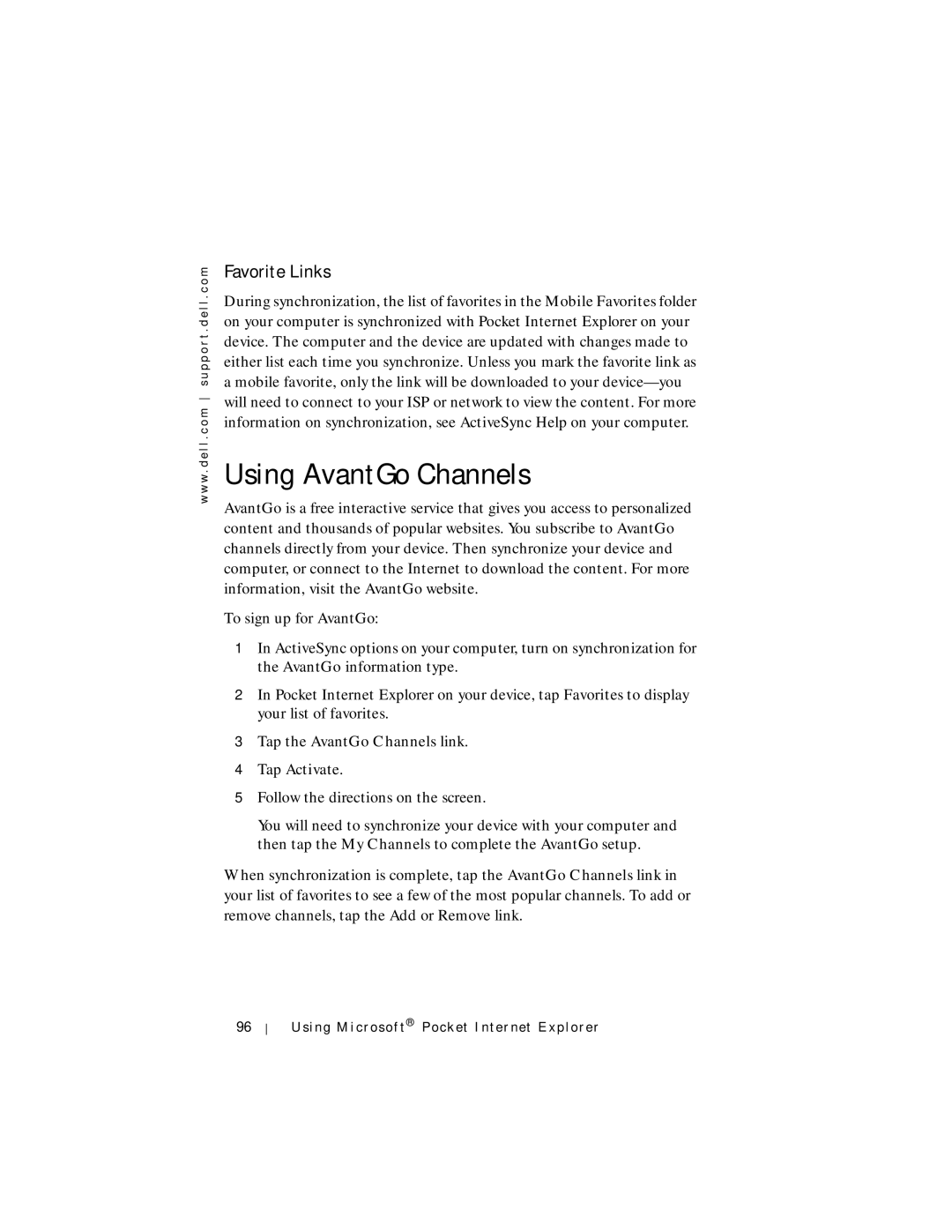 Dell Axim X5 manual Using AvantGo Channels, Favorite Links 