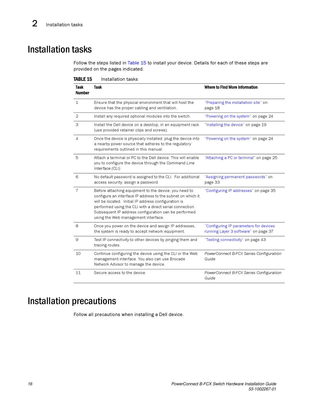 Dell B-FCX manual Installation tasks, Installation precautions, Follow all precautions when installing a Dell device 