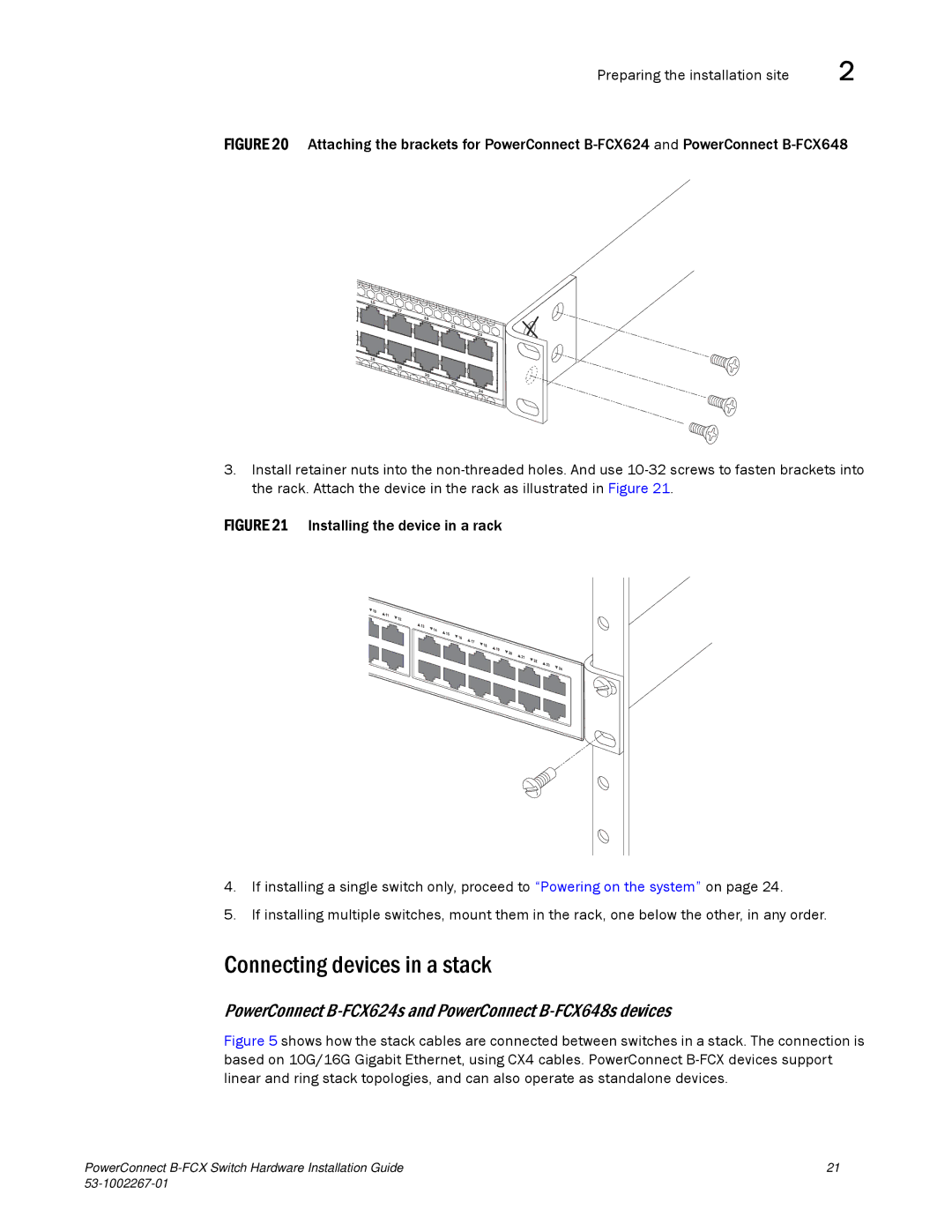 Dell manual Connecting devices in a stack, PowerConnect B-FCX624s and PowerConnect B-FCX648s devices 