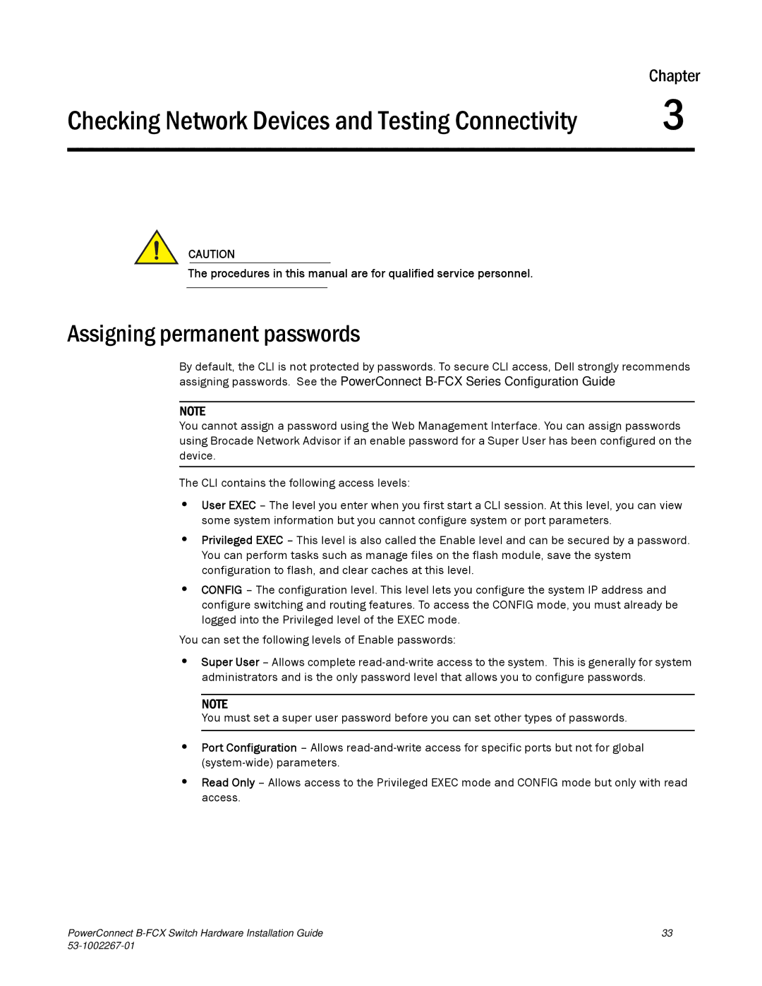 Dell B-FCX manual Checking Network Devices and Testing Connectivity, Assigning permanent passwords 