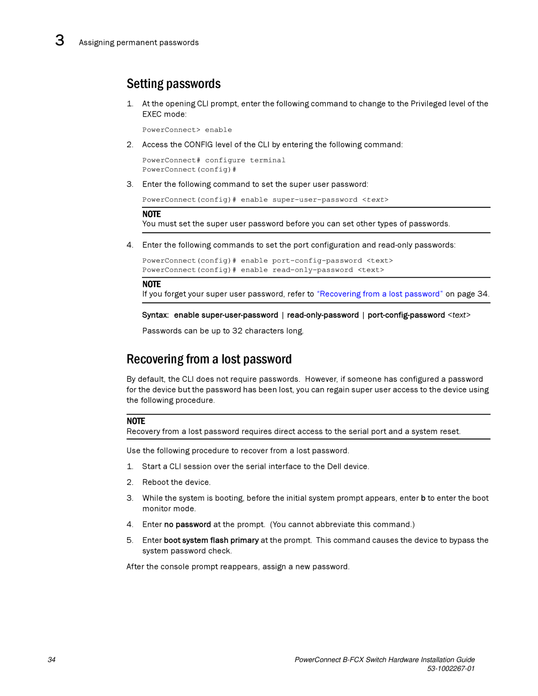 Dell B-FCX manual Setting passwords, Recovering from a lost password, Assigning permanent passwords 