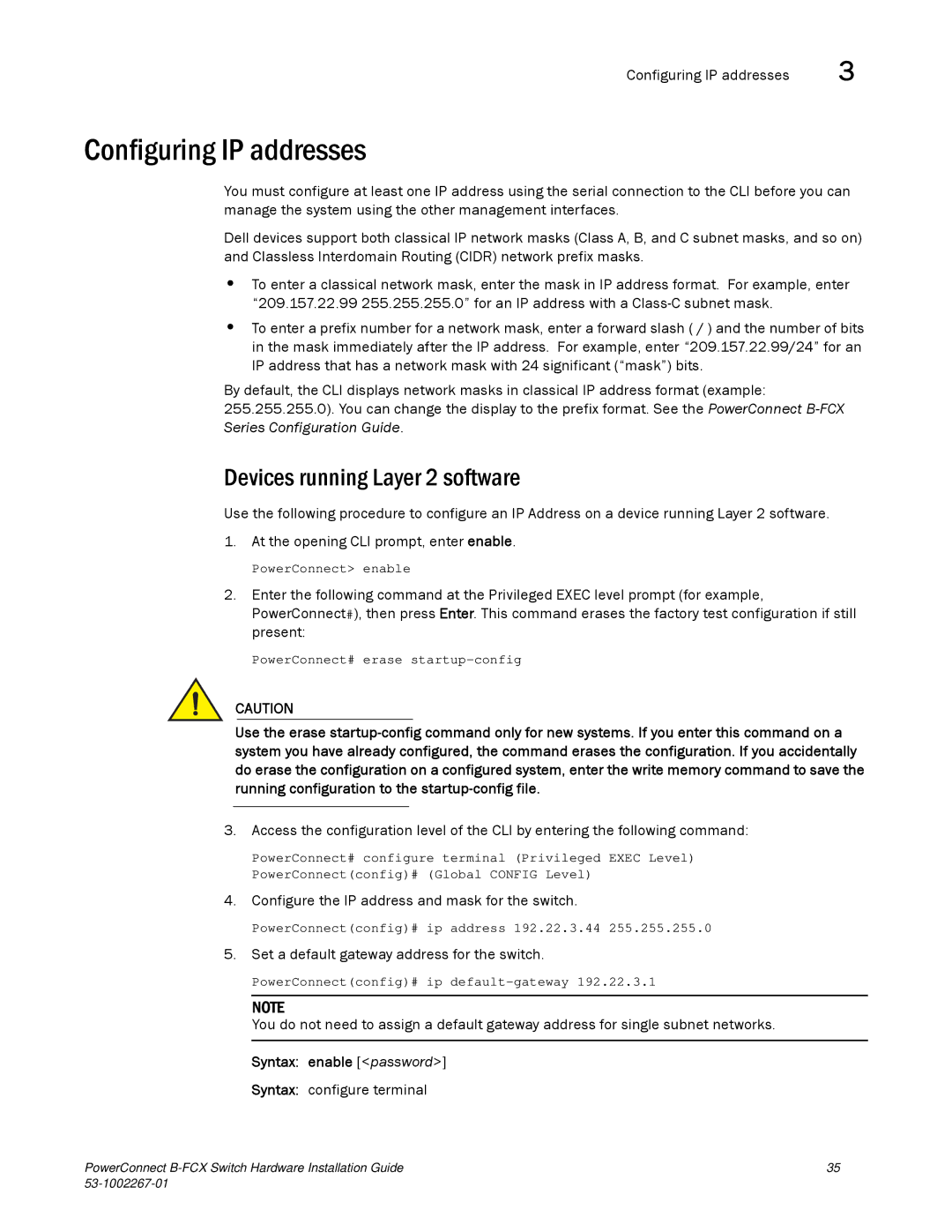 Dell B-FCX manual Configuring IP addresses, Devices running Layer 2 software, Syntax enable password 