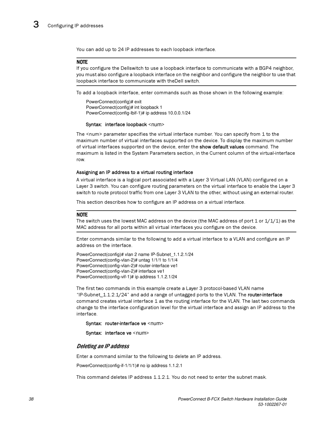 Dell B-FCX Deleting an IP address, Syntax interface loopback num, Assigning an IP address to a virtual routing interface 