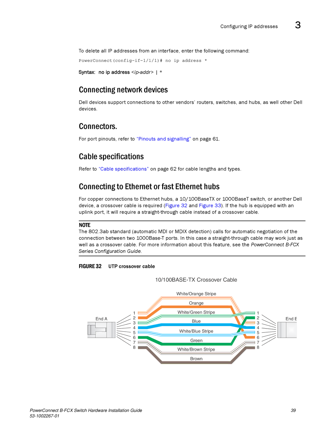 Dell B-FCX Connecting network devices, Connectors, Cable specifications, Connecting to Ethernet or fast Ethernet hubs 