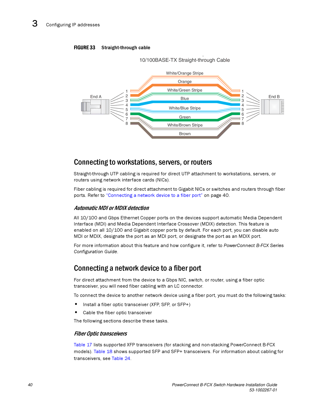 Dell B-FCX manual Connecting to workstations, servers, or routers, Connecting a network device to a fiber port 