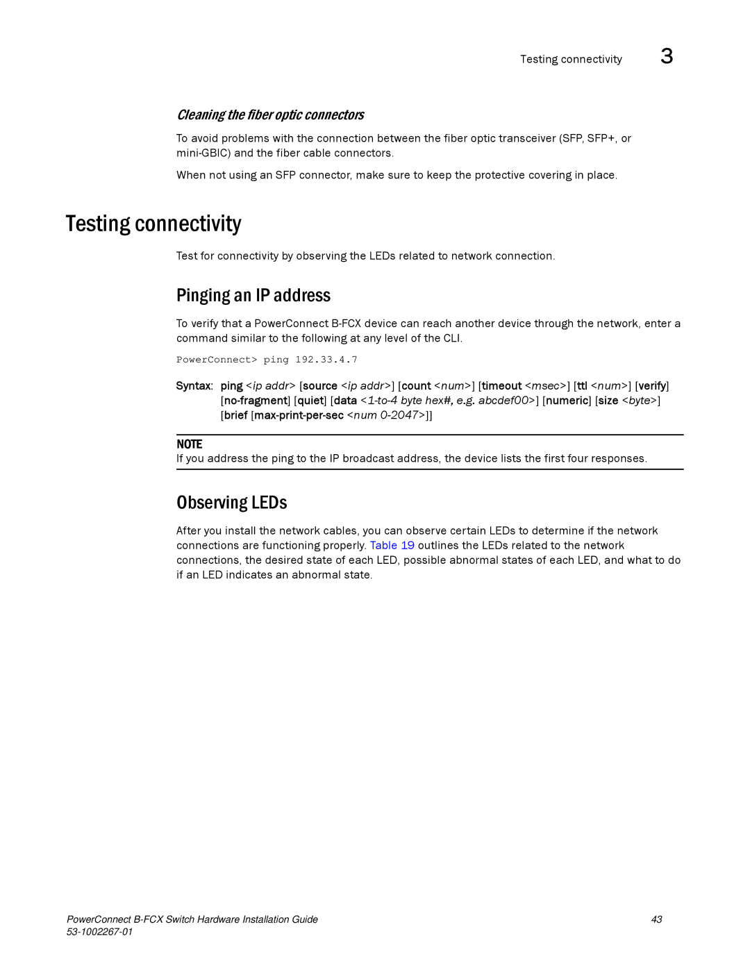 Dell B-FCX manual Testing connectivity, Pinging an IP address, Observing LEDs, Cleaning the fiber optic connectors 