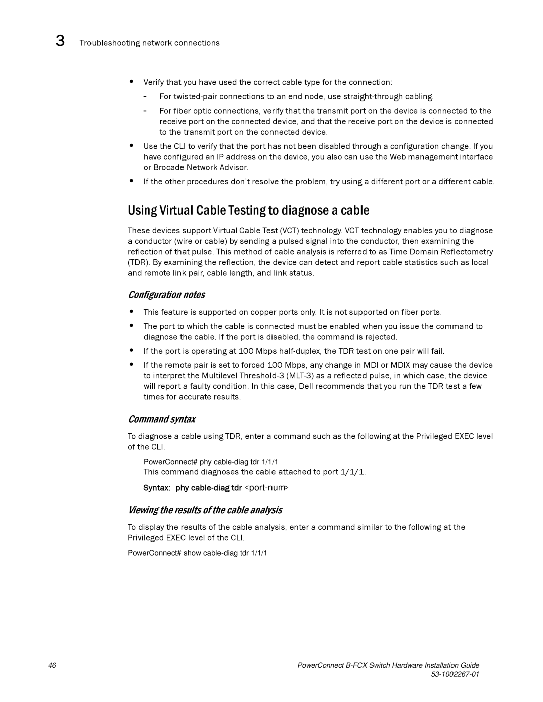 Dell B-FCX manual Using Virtual Cable Testing to diagnose a cable, Configuration notes, Command syntax 