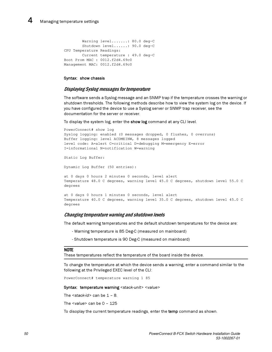 Dell B-FCX manual Displaying Syslog messages for temperature, Changing temperature warning and shutdown levels 