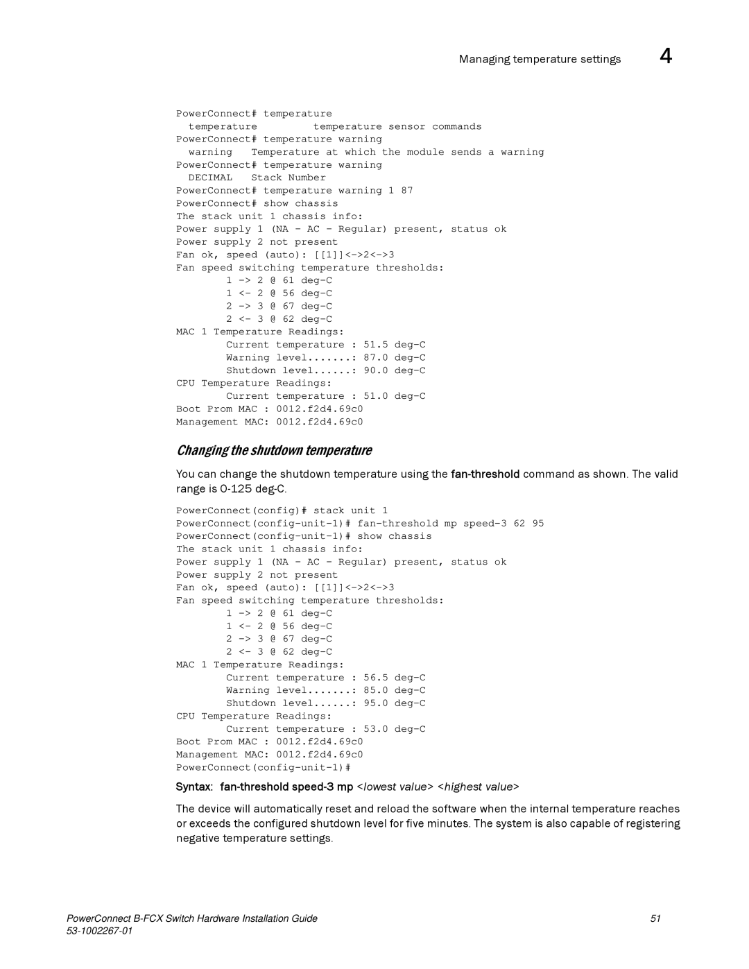 Dell B-FCX manual Changing the shutdown temperature, Syntax fan-threshold speed-3 mp lowest value highest value 