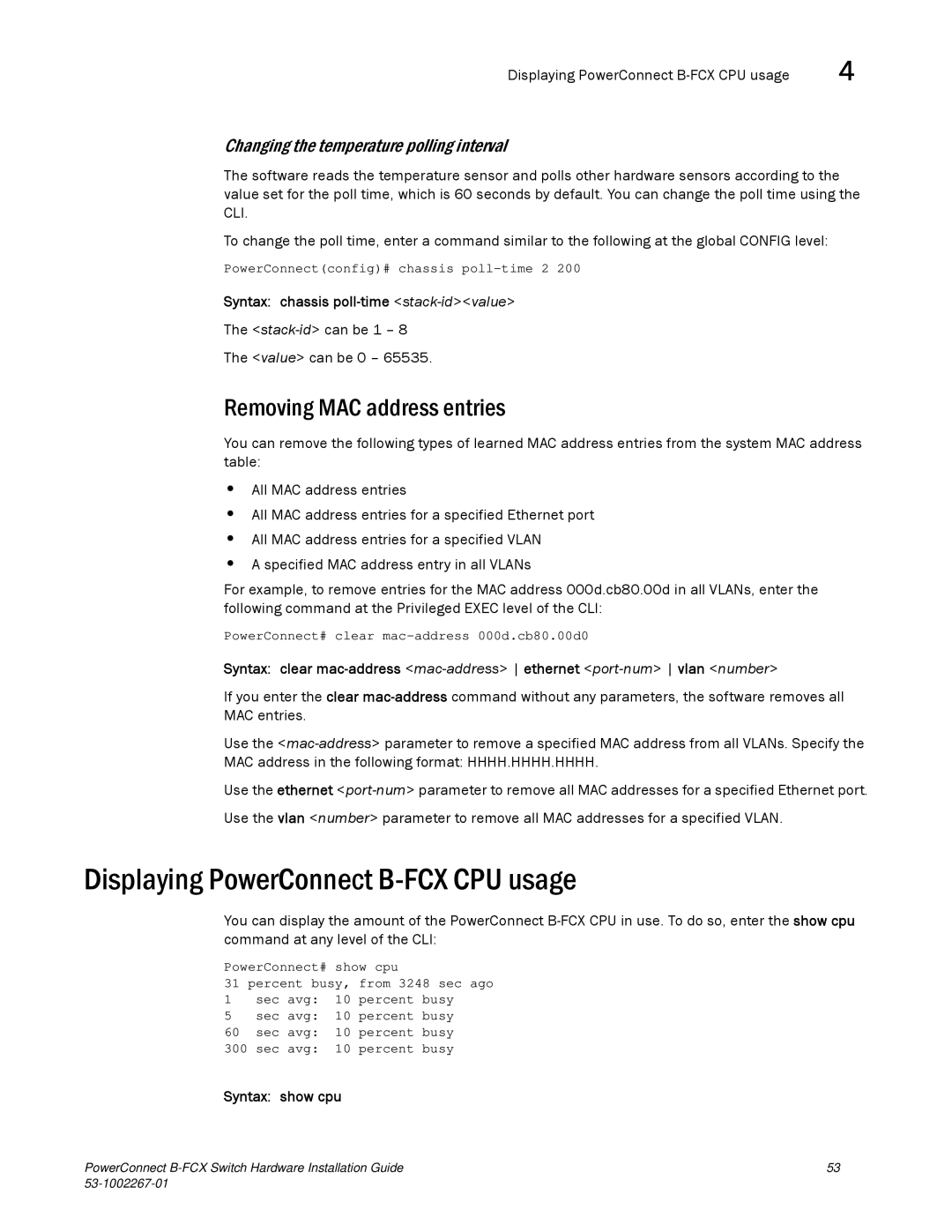 Dell Displaying PowerConnect B-FCX CPU usage, Removing MAC address entries, Changing the temperature polling interval 