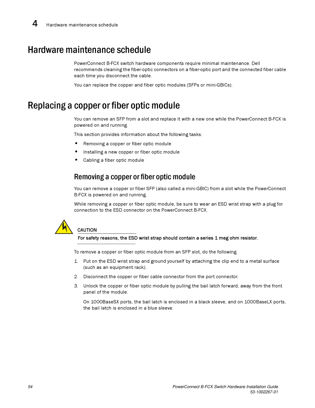 Dell B-FCX manual Hardware maintenance schedule, Replacing a copper or fiber optic module 