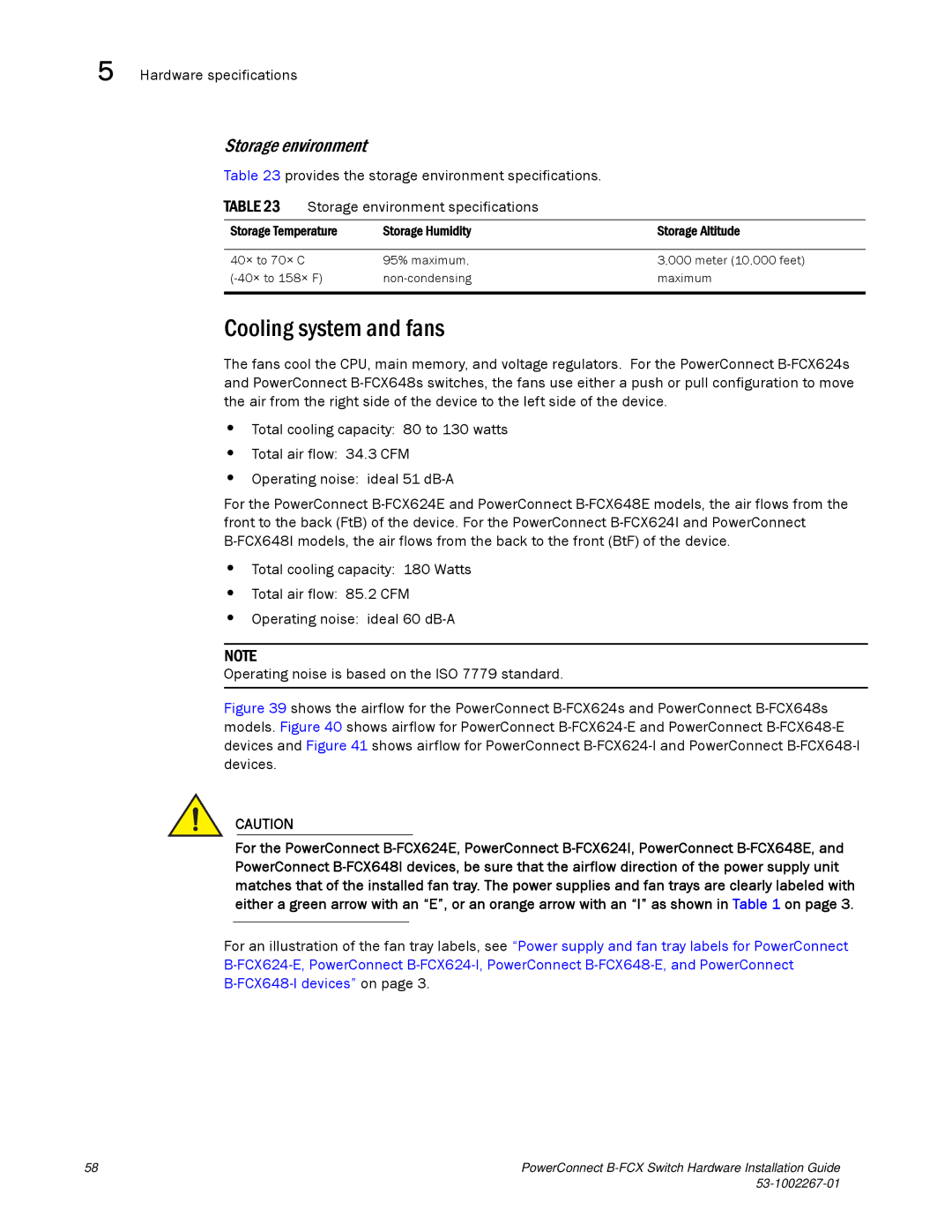 Dell B-FCX manual Cooling system and fans, Storage environment, Hardware specifications 